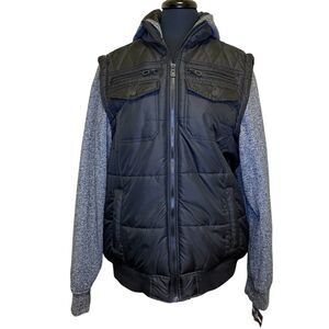 Distortion Men’s Hybrid Hooded Jacket Size L Black NWT Streetwear Knit Sleeves